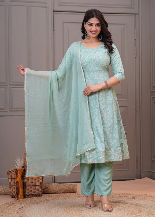 Women Mint Green A-Line Kurta Set with Embroidered Yoke & Dupatta