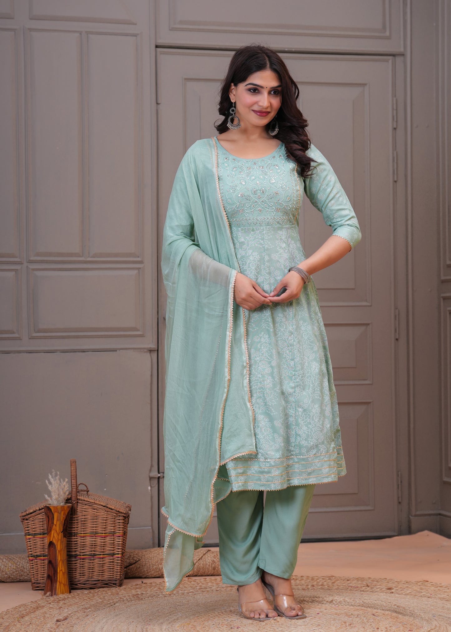 Women Mint Green A-Line Kurta Set with Embroidered Yoke & Dupatta