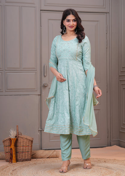 Women Mint Green A-Line Kurta Set with Embroidered Yoke & Dupatta