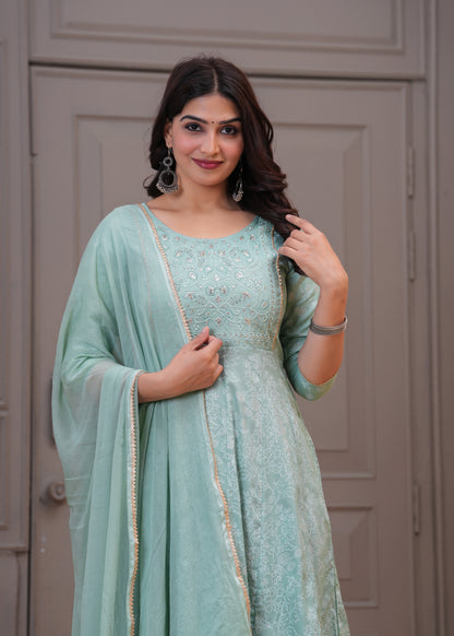 Women Mint Green A-Line Kurta Set with Embroidered Yoke & Dupatta