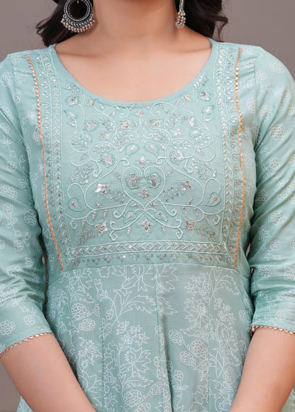 Women Mint Green A-Line Kurta Set with Embroidered Yoke & Dupatta