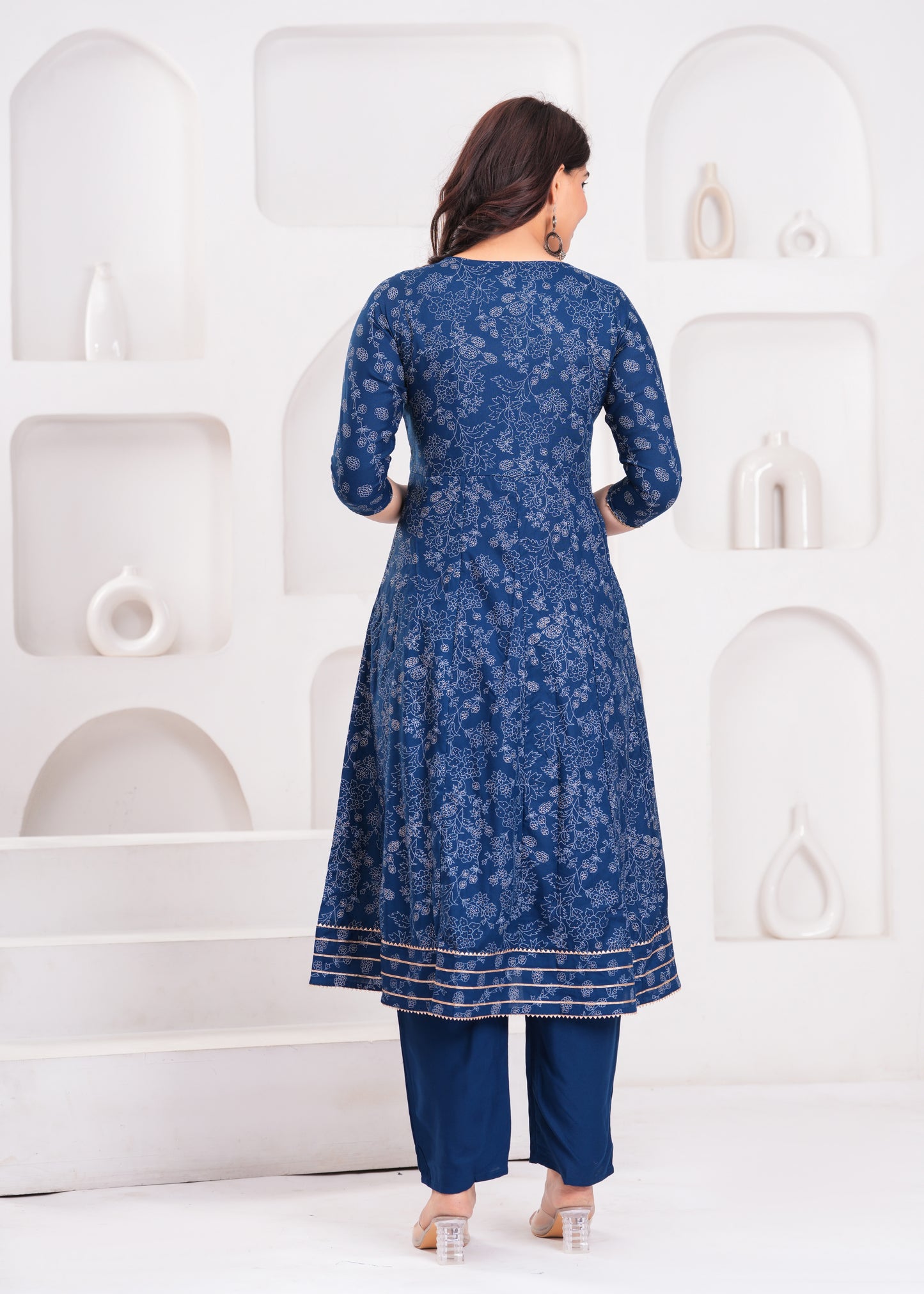 Women Navy Blue A-Line Kurta Set with Embroidered Yoke & Dupatta
