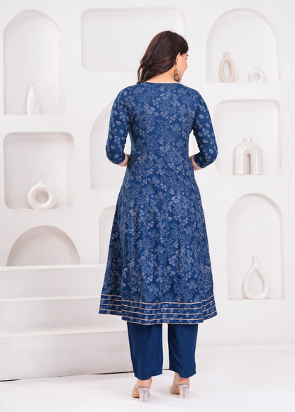 Women Navy Blue A-Line Kurta Set with Embroidered Yoke & Dupatta
