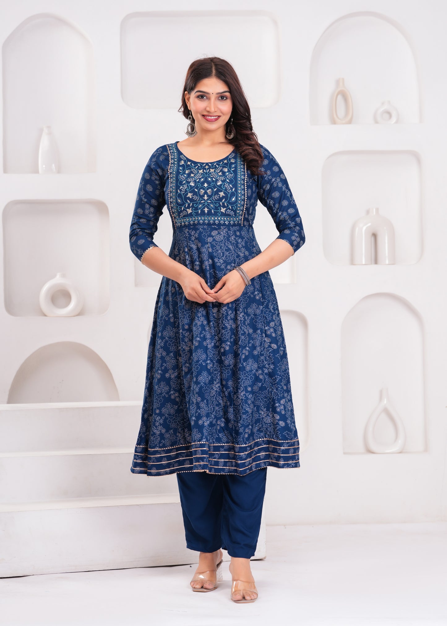 Women Navy Blue A-Line Kurta Set with Embroidered Yoke & Dupatta