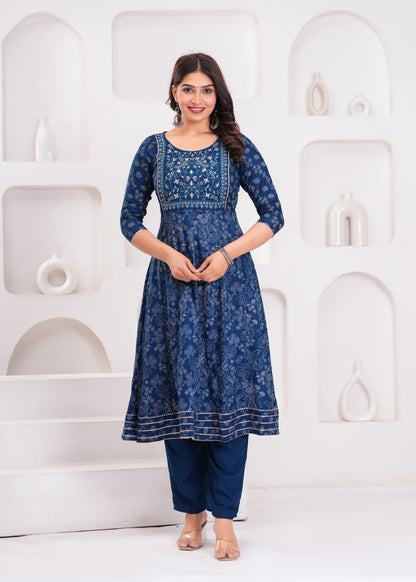 Women Navy Blue A-Line Kurta Set with Embroidered Yoke & Dupatta