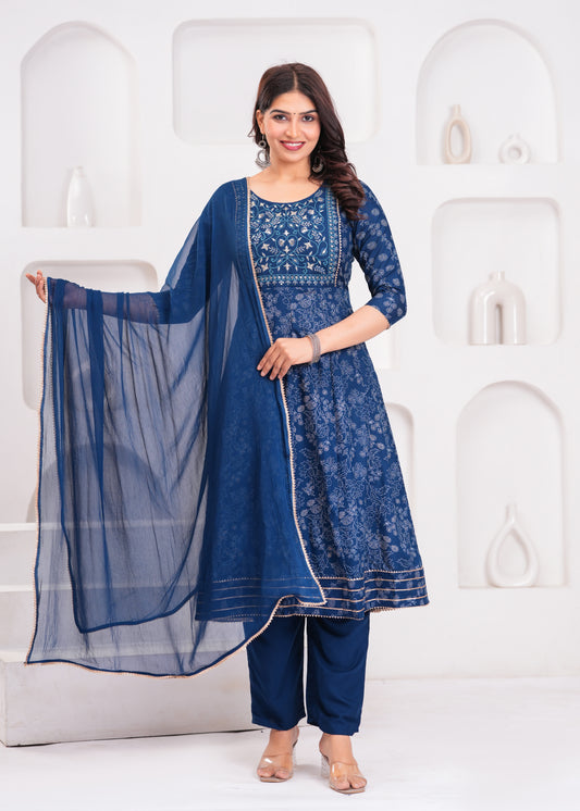 Women Navy Blue A-Line Kurta Set with Embroidered Yoke & Dupatta