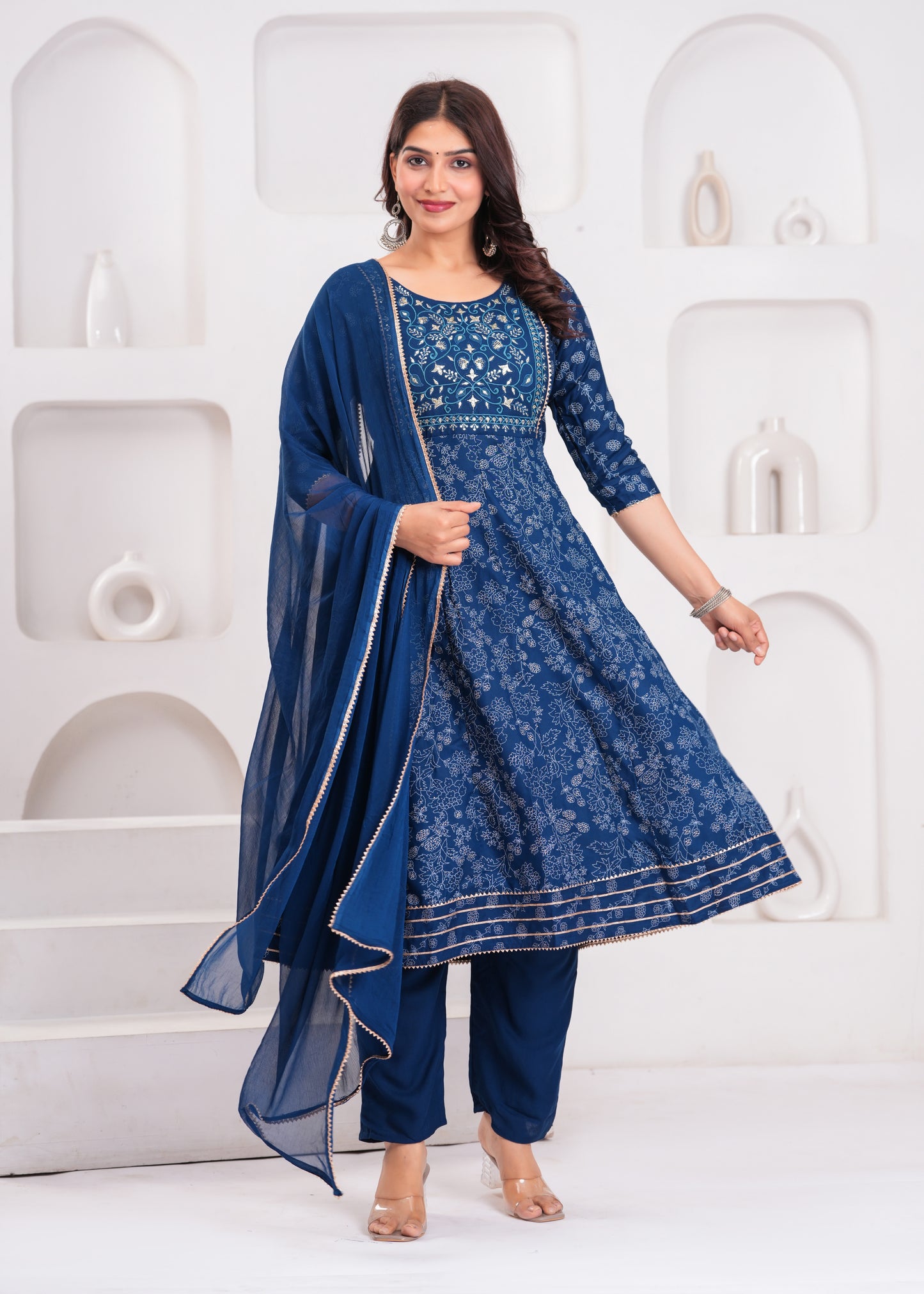 Women Navy Blue A-Line Kurta Set with Embroidered Yoke & Dupatta