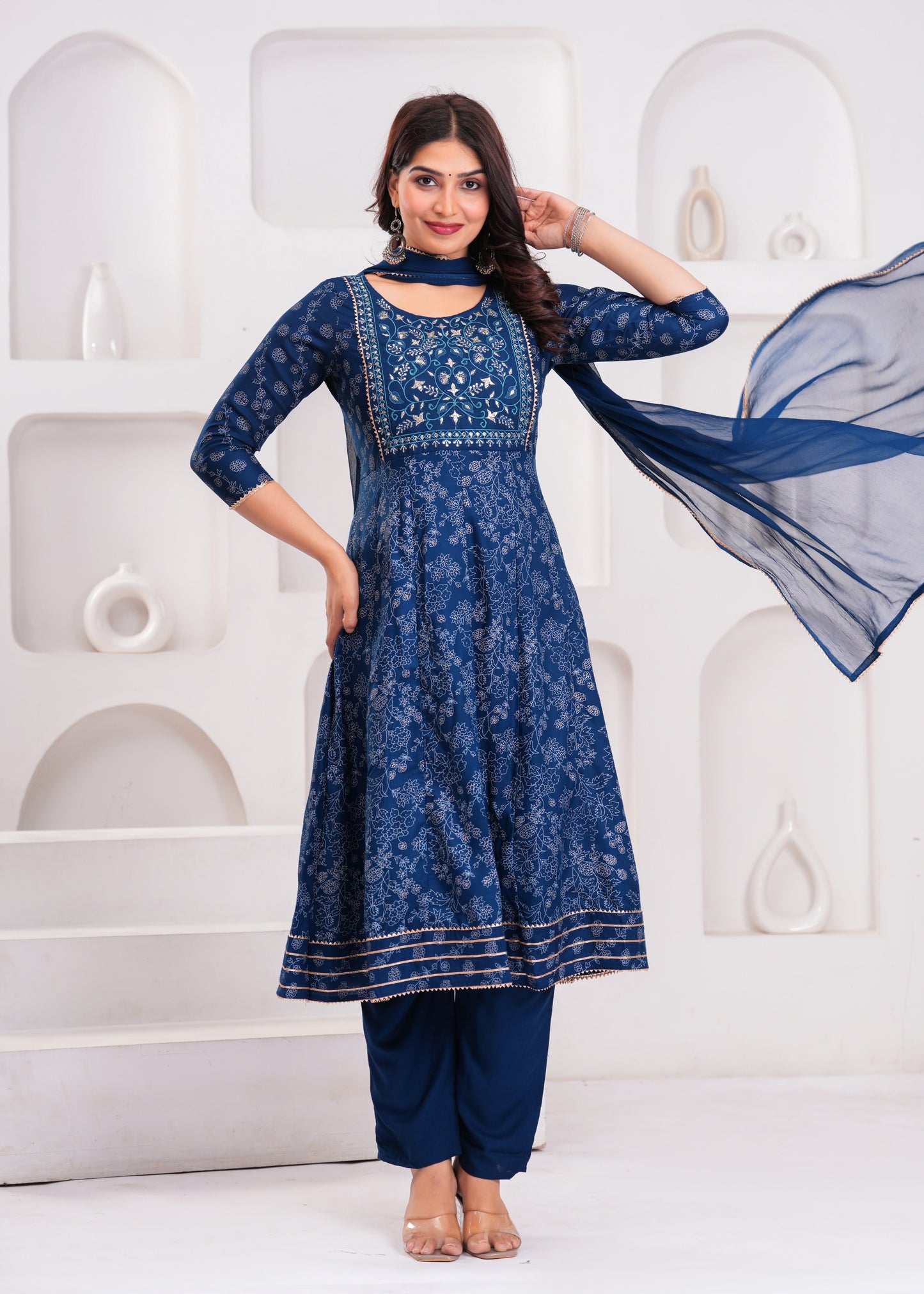 Women Navy Blue A-Line Kurta Set with Embroidered Yoke & Dupatta