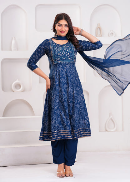 Women Navy Blue A-Line Kurta Set with Embroidered Yoke & Dupatta