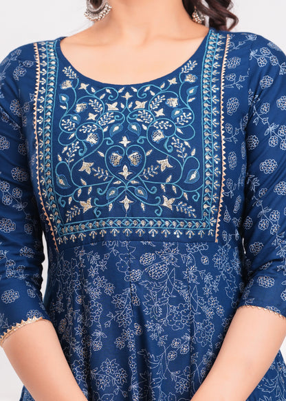 Women Navy Blue A-Line Kurta Set with Embroidered Yoke & Dupatta
