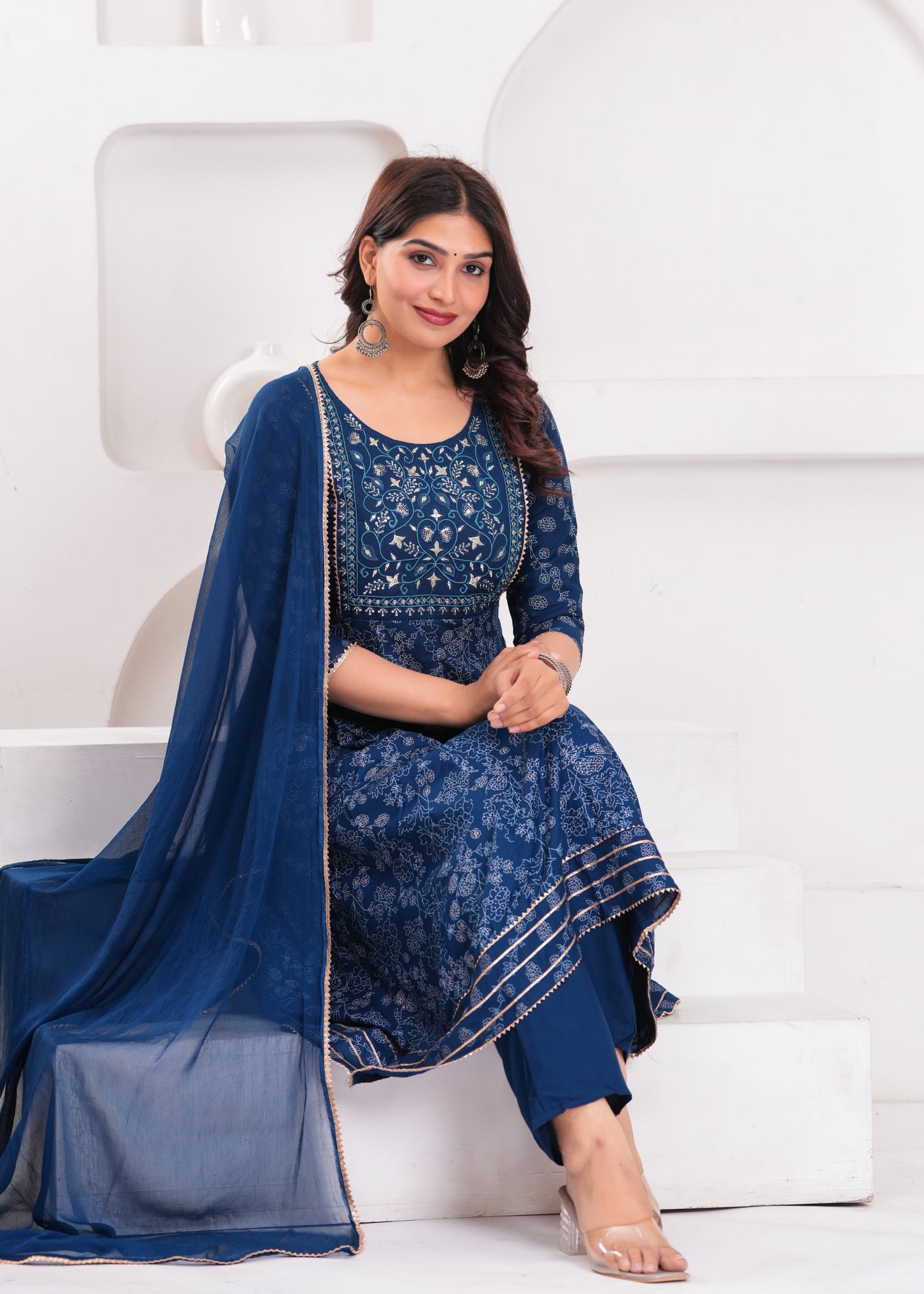 Women Navy Blue A-Line Kurta Set with Embroidered Yoke & Dupatta