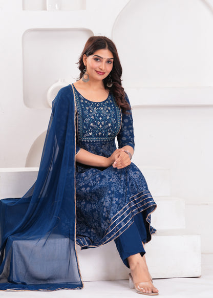 Women Navy Blue A-Line Kurta Set with Embroidered Yoke & Dupatta