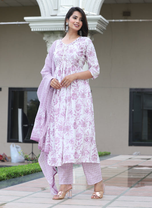 Women's Rayon Floral Print Anarkali Kurta Set with Cotton Dupatta and Printed Pants
