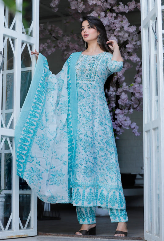 Women Multi-Color Rayon Anarkali Kurta Set with Embroidery & Cotton Dupatta