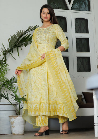 Women Multi-Color Rayon Anarkali Kurta Set with Embroidery & Cotton Dupatta