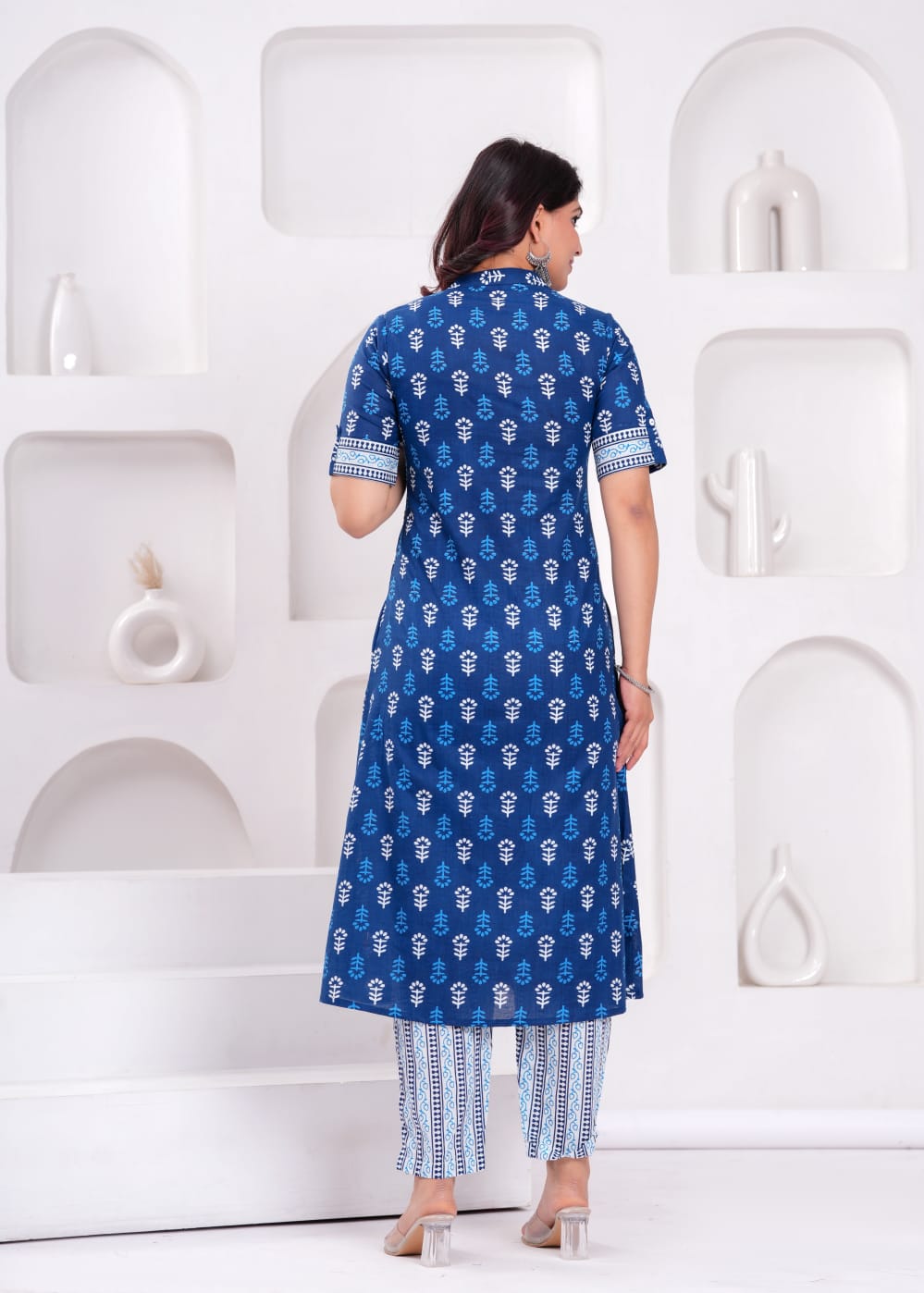 Women's Indigo Ethnic Wear Print Cotton Kurta With Bottomwear