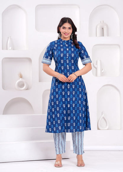 Women's Indigo Ethnic Wear Print Cotton Kurta With Bottomwear