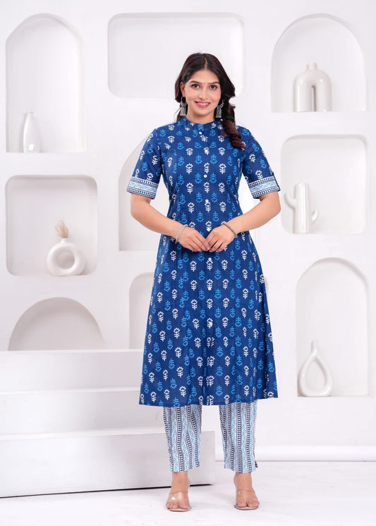 Women's Indigo Ethnic Wear Print Cotton Kurta With Bottomwear