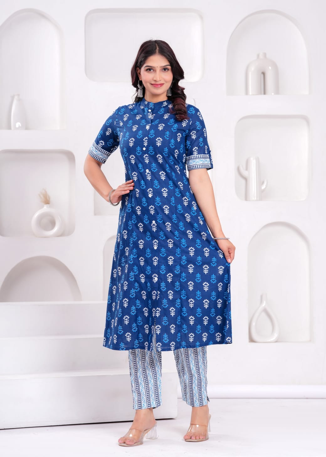 Women's Indigo Ethnic Wear Print Cotton Kurta With Bottomwear