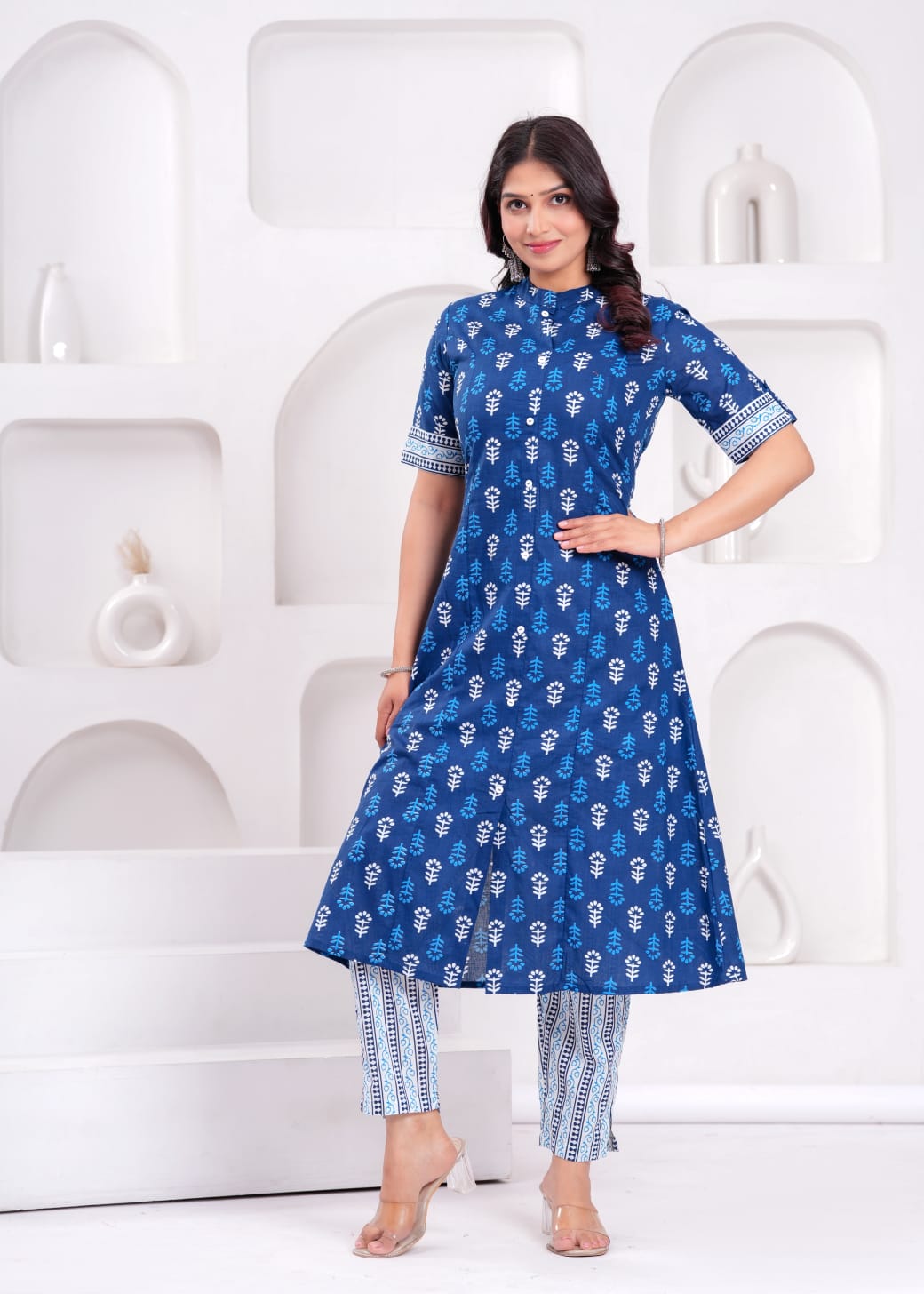 Women's Indigo Ethnic Wear Print Cotton Kurta With Bottomwear