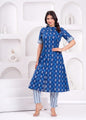 Women's Indigo Ethnic Wear Print Cotton Kurta With Bottomwear