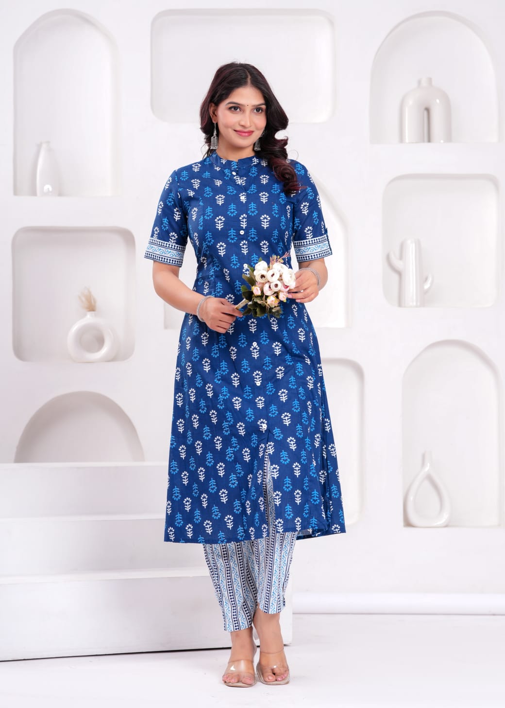 Women's Indigo Ethnic Wear Print Cotton Kurta With Bottomwear