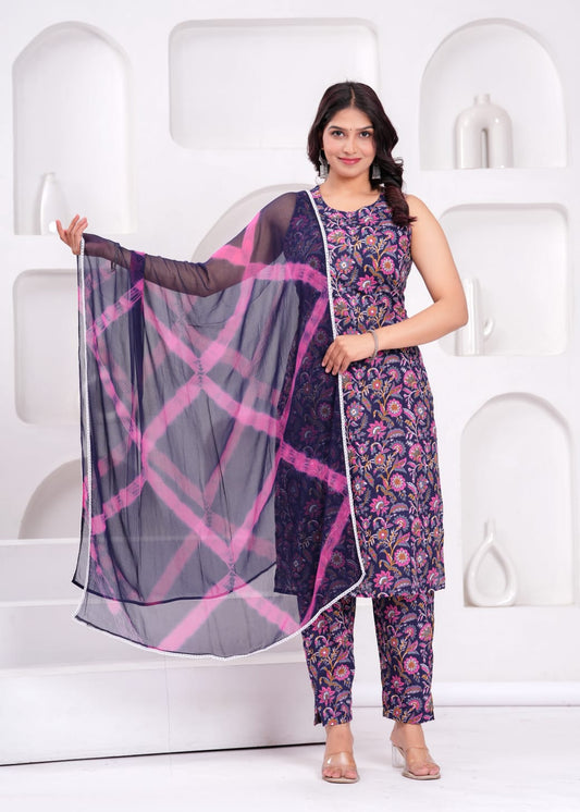 Women Cotton  Kurta And Cotton Bottom Printed Chiffon Cut Sleeve