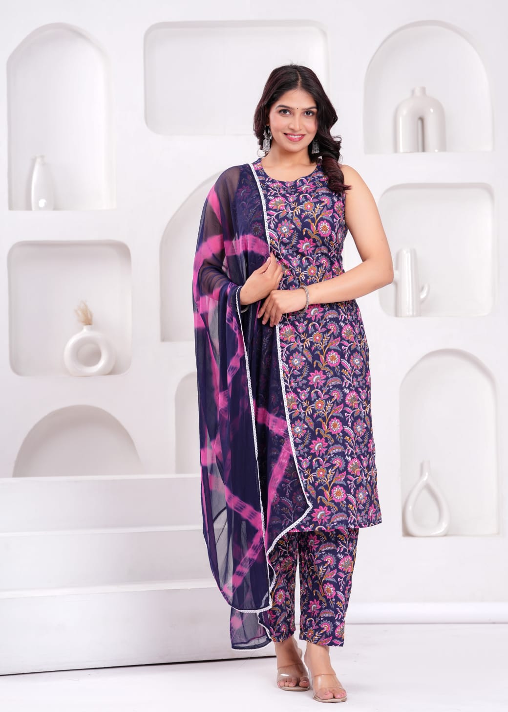 Women Cotton  Kurta And Cotton Bottom Printed Chiffon Cut Sleeve