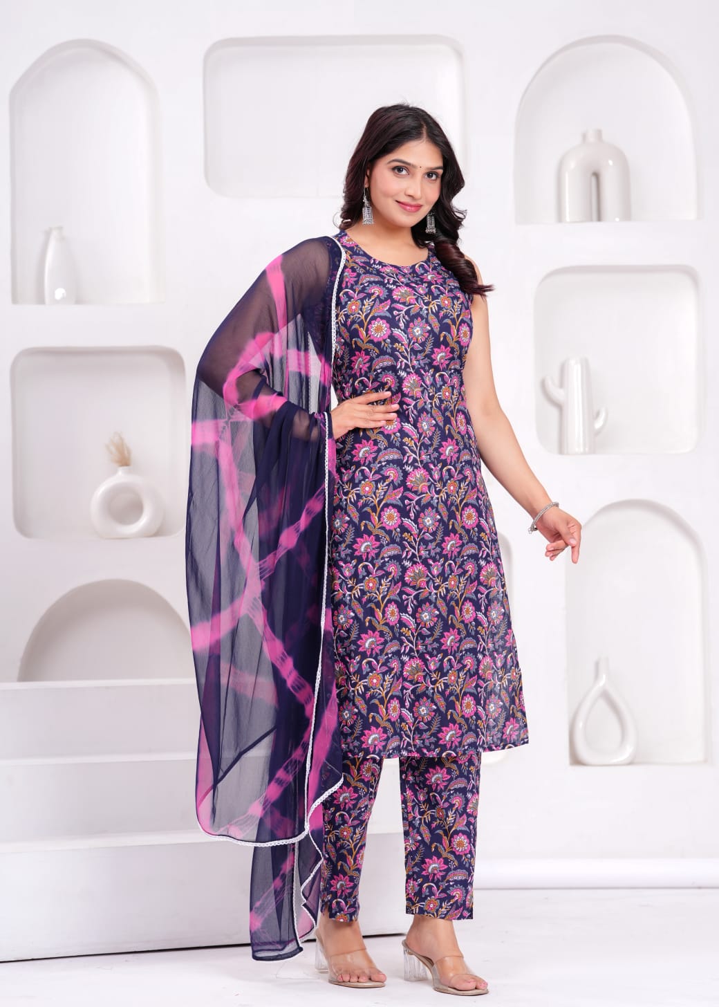 Women Cotton  Kurta And Cotton Bottom Printed Chiffon Cut Sleeve