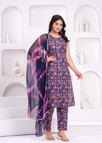 Women Cotton  Kurta And Cotton Bottom Printed Chiffon Cut Sleeve