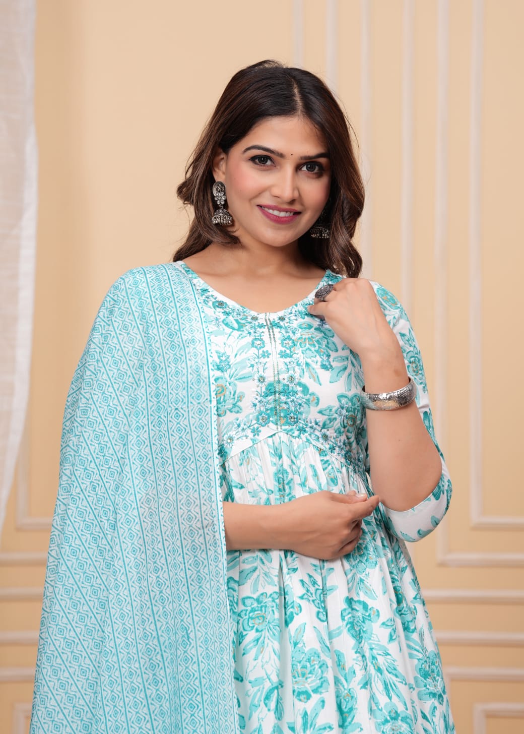 Women's Rayon Floral Print Anarkali Kurta Set with Cotton Dupatta and Printed Pants