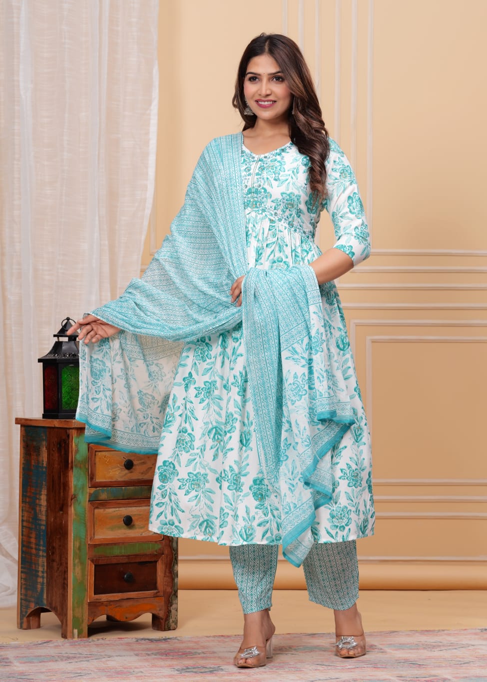 Women's Rayon Floral Print Anarkali Kurta Set with Cotton Dupatta and Printed Pants