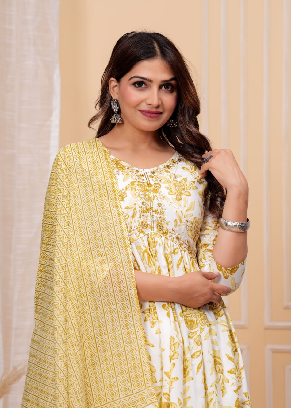 Women's Rayon Floral Print Anarkali Kurta Set with Cotton Dupatta and Printed Pants