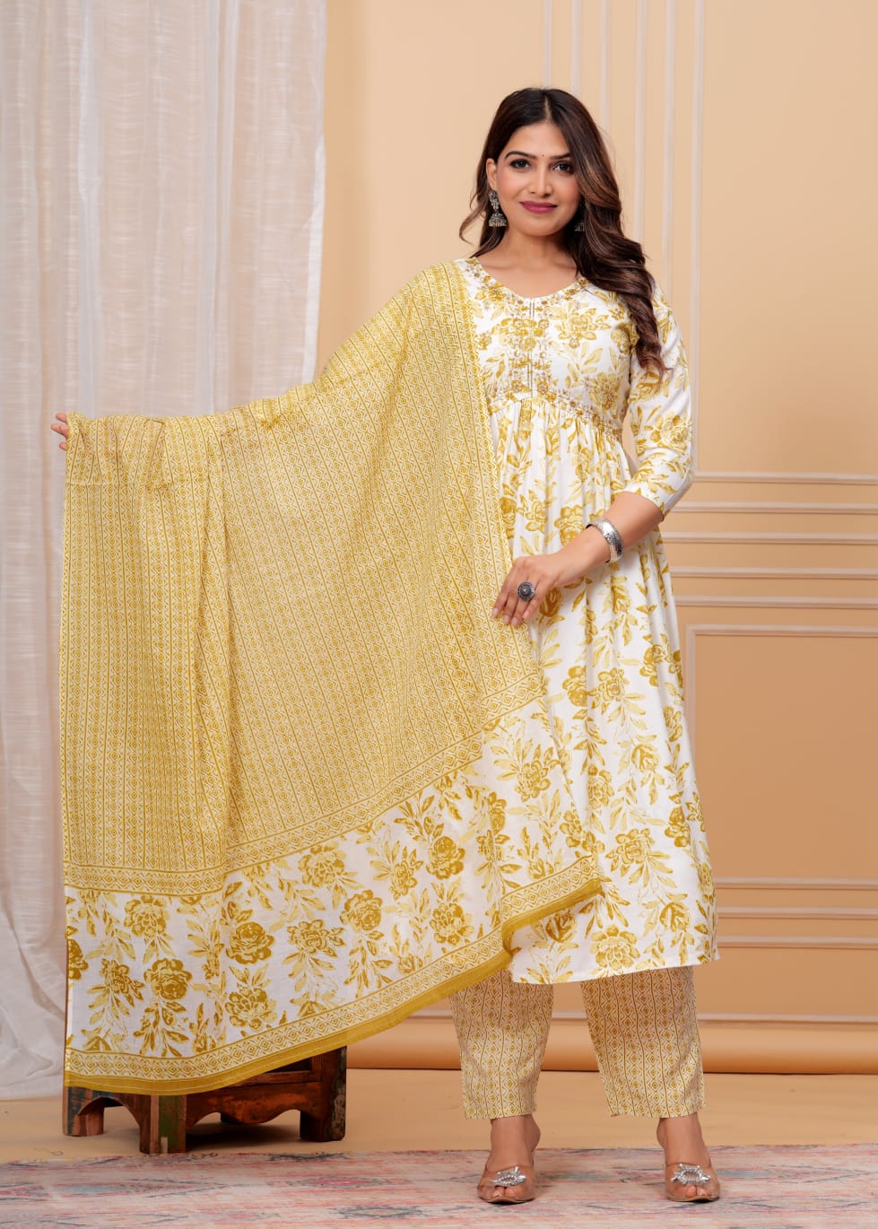Women's Rayon Floral Print Anarkali Kurta Set with Cotton Dupatta and Printed Pants