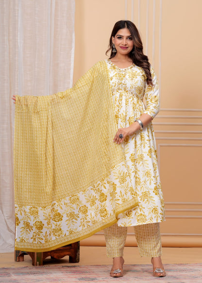 Women's Rayon Floral Print Anarkali Kurta Set with Cotton Dupatta and Printed Pants