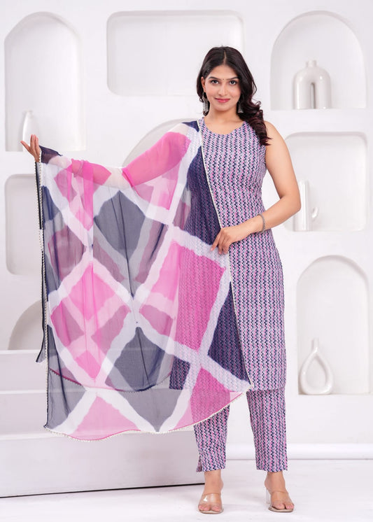 Women Zigzag Print Sleeveless Kurta Set with Pink & Navy Tie-Dye Dupatta