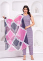 Women Zigzag Print Sleeveless Kurta Set with Pink & Navy Tie-Dye Dupatta